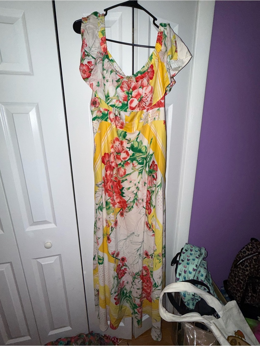 New York & Company Yellow Floral Maxi Dress with Ruffle Sleeves